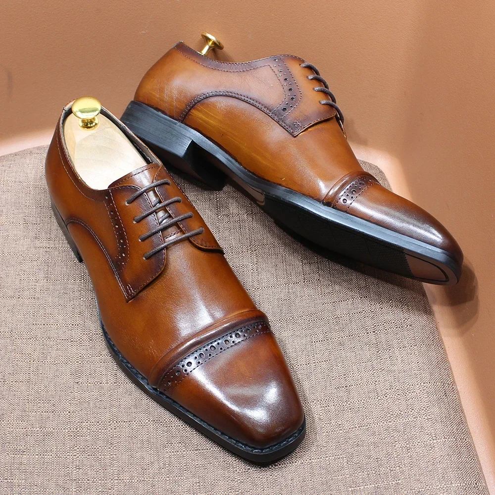 Men'S Shoes Smart - รองเท้าอ็อกฟอร์ดหนังแท้ทรงแข็งแรง หัวปิด แต่งเงา ร้อยเชือก ระบายอากาศได้ดี เหมาะสำหรับใส่ทำงานออฟฟิศ