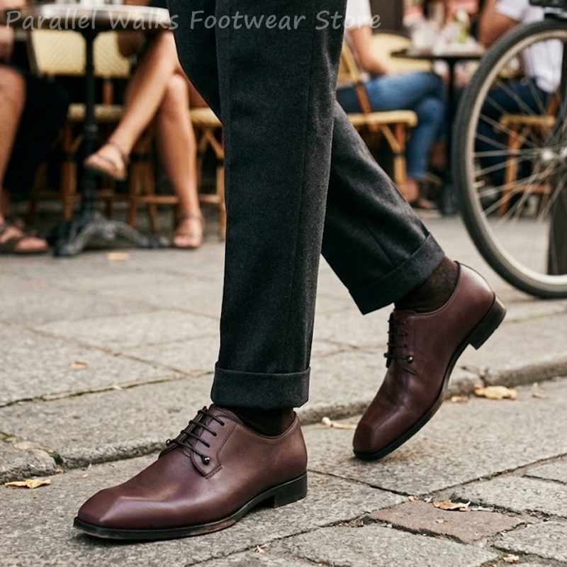 Men'S Shoes Smart - รองเท้าเดอร์บี้หนังสีน้ำตาลเข้มสำหรับผู้ชาย หัวเหลี่ยม แบบผูกเชือก รองเท้าสำหรับงานเลี้ยงตอนเย็น รองเท้าทางการ รองเท้าออกซ์ฟอร์ดคลาสสิกสำหรับใส่ทำงาน